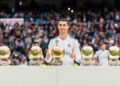 MADRID, SPAIN - DECEMBER 09: Cristiano Ronaldo of Real Madrid poses for photos with his FIFA Ballon Dor Trophies during the La Liga 2017-18 match between Real Madrid and Sevilla FC at Santiago Bernabeu Stadium on 09 December 2017 in Madrid, Spain. (Photo by Power Sport Images/Getty Images)