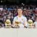 MADRID, SPAIN - DECEMBER 09: Cristiano Ronaldo of Real Madrid poses for photos with his FIFA Ballon Dor Trophies during the La Liga 2017-18 match between Real Madrid and Sevilla FC at Santiago Bernabeu Stadium on 09 December 2017 in Madrid, Spain. (Photo by Power Sport Images/Getty Images)