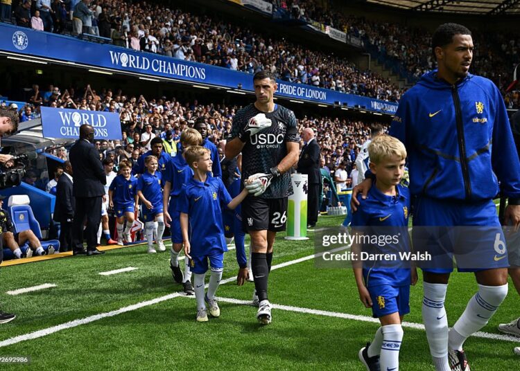 Emiliano Martinez of Chelsea walks out onto the pitch before the Premier League 2026/27 match between Chelsea FC and Brighton & Hove Albion at Stamford Bridge on August 30, 2026 in London, England. (Photo by Darren Walsh/Chelsea FC via Getty Images)