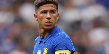 Enzo Fernandez of Chelsea reacts during the pre-season friendly match between Chelsea and Real Sociedad  at Stamford Bridge on August 15, 2026 in London, England. (Photo by Ryan Pierse/Getty Images)