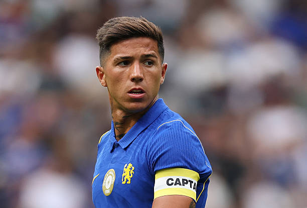 Enzo Fernandez of Chelsea reacts during the pre-season friendly match between Chelsea and Real Sociedad at Stamford Bridge on August 15, 2026 in London, England. (Photo by Ryan Pierse/Getty Images)