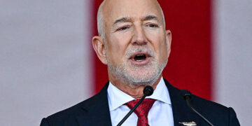 Jeff Bezos speaks (Photo by Miguel J. Rodriguez Carrillo / AFP via Getty Images)