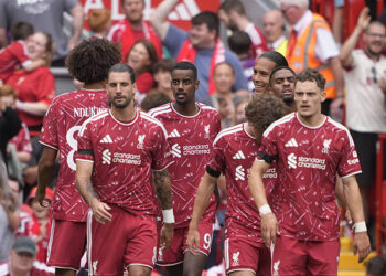 Liverpool's Alexander Isak celebrates scoring their side's first goal of the game during the pre-season friendly match at Anfield, Liverpool. Picture date: Sunday August 9, 2026. (Photo by Peter Byrne/PA Images via Getty Images)
