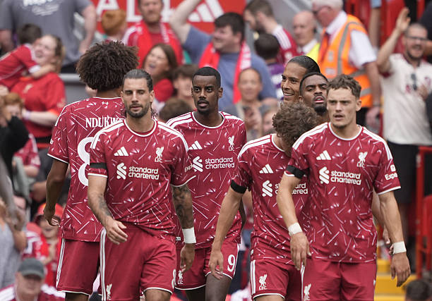 Liverpool's Alexander Isak celebrates scoring their side's first goal of the game during the pre-season friendly match at Anfield, Liverpool. Picture date: Sunday August 9, 2026. (Photo by Peter Byrne/PA Images via Getty Images)