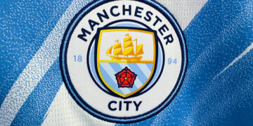 Manchester City logo is seen on a jersey at the store in Krakow, Poland on July 13, 2026. (Photo by Jakub Porzycki/NurPhoto via Getty Images)