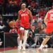 Amen Thompson #1 of the Houston Rockets dribbles the ball during the game against the Los Angeles Lakers during Round One Game Six of the 2026 NBA Playoffs (Photo by Jesse D. Garrabrant/NBAE via Getty Images)