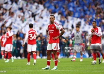 Gabriel of Arsenal looks on following the team's defeat at the end of the Premier League 2026/27 match between Brighton & Hove Albion and Arsenal FC (Photo by Clive Rose/Getty Images)