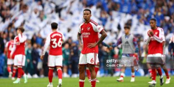Gabriel of Arsenal looks on following the team's defeat at the end of the Premier League 2026/27 match between Brighton & Hove Albion and Arsenal FC (Photo by Clive Rose/Getty Images)