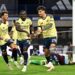 Bukayo Saka of Arsenal celebrates scoring his team’s first goal with teammates Ben White and Kai Havertz during the Premier League 2026/27 match between Aston Villa FC and Arsenal FC (Photo by Stuart MacFarlane/Arsenal FC via Getty Images)