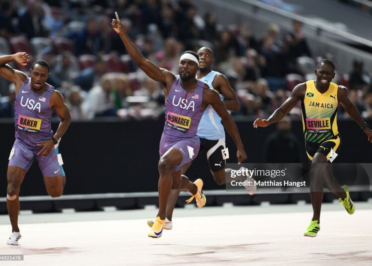 Kenneth Bednarek of Team United States celebrates after taking victory in the Men's 100 Metres Final ahead of Oblique Seville of Team Jamaica during Day 2 of the World Athletics Ultimate Championship (Photo by Matthias Hangst/Getty Images)
