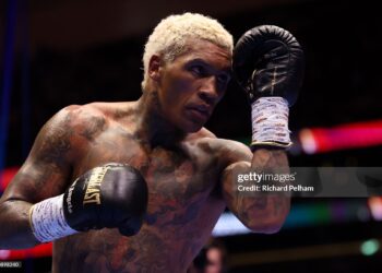 Conor Benn looks on during the Super Welterweight fight between Conor Benn and Regis Prograis (Photo by Richard Pelham/Getty Images for Netflix)