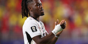 Brandon Thomas-Asante #10 of Ghana applauds fans after the 0-1 loss during the FIFA World Cup 2026 Round of 32 match between Colombia and Ghana at Kansas City Stadium on July 03, 2026 in Kansas City, Missouri. (Photo by Luke Hales/Getty Images)