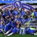 Chelsea's players gather on the pitch with the English Premier League trophy, as they celebrate their league title win at the end of the Premier League football match between Chelsea and Sunderland at Stamford Bridge in London on May 21, 2017. Chelsea's extended victory parade reached a climax with the trophy presentation on May 21, 2017 after being crowned Premier League champions with two games to go. (Photo by Ben STANSALL / AFP via Getty Images) / RESTRICTED TO EDITORIAL USE. No use with unauthorized audio, video, data, fixture lists, club/league logos or 'live' services. Online in-match use limited to 75 images, no video emulation. No use in betting, games or single club/league/player publications. /