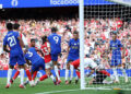 Riccardo Calafiori of Arsenal scores a goal which was later disallowed during the Premier League 2026/27 match between Arsenal FC and Chelsea FC at Emirates Stadium on September 06, 2026 in London, England. (Photo by Ryan Pierse/Getty Images)
