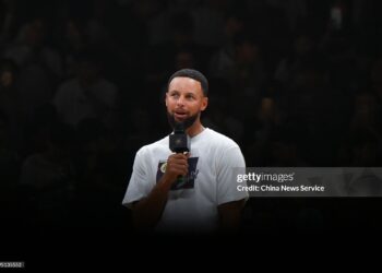 DONGGUAN, CHINA - SEPTEMBER 12: NBA star Stephen Curry speaks during the Guangdong City Basketball League All-Star Game on September 12, 2026 in Dongguan, Guangdong Province of China. (Photo by Chen Jimin/China News Service/VCG via Getty Images)