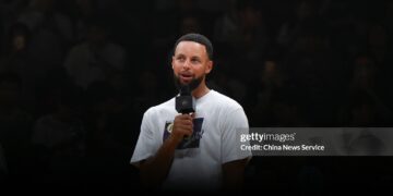 DONGGUAN, CHINA - SEPTEMBER 12: NBA star Stephen Curry speaks during the Guangdong City Basketball League All-Star Game on September 12, 2026 in Dongguan, Guangdong Province of China. (Photo by Chen Jimin/China News Service/VCG via Getty Images)