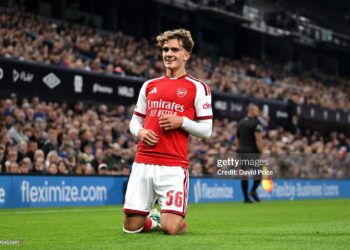 Max Dowman of Arsenal celebrates scoring his team’s first goal during the Carabao Cup Third Round match between Ipswich Town and Arsenal (Photo by David Price/Arsenal FC via Getty Images)