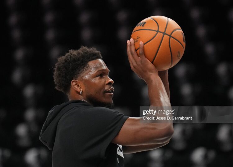 Anthony Edwards #5 of the Minnesota Timberwolves warms up before the game against the San Antonio Spurs during Round Two Game Six of the 2026 NBA Playoffs on May 15, 2026 at Target Center (Photo by Jesse D. Garrabrant/NBAE via Getty Images)