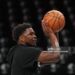 Anthony Edwards #5 of the Minnesota Timberwolves warms up before the game against the San Antonio Spurs during Round Two Game Six of the 2026 NBA Playoffs on May 15, 2026 at Target Center (Photo by Jesse D. Garrabrant/NBAE via Getty Images)