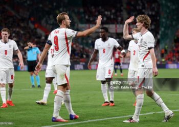 Harry Kane of England celebrates with teammate Anthony Gordon after scoring his team’s second goal during the UEFA Nations League 2026/27 group phase match between Czechia and England (Photo by Eddie Keogh - The FA/The FA via Getty Images)