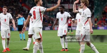 Harry Kane of England celebrates with teammate Anthony Gordon after scoring his team’s second goal during the UEFA Nations League 2026/27 group phase match between Czechia and England (Photo by Eddie Keogh - The FA/The FA via Getty Images)