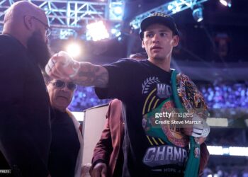 WBC welterweight champion Ryan Garcia leaves the ring after defeating Conor Benn in a title fight at T-Mobile Arena on September 12, 2026 in Las Vegas, Nevada. Garcia retained his title with a second-round TKO. (Photo by Steve Marcus/Getty Images)