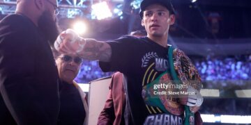 WBC welterweight champion Ryan Garcia leaves the ring after defeating Conor Benn in a title fight at T-Mobile Arena on September 12, 2026 in Las Vegas, Nevada. Garcia retained his title with a second-round TKO. (Photo by Steve Marcus/Getty Images)