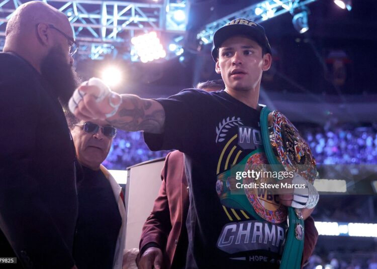 WBC welterweight champion Ryan Garcia leaves the ring after defeating Conor Benn in a title fight at T-Mobile Arena on September 12, 2026 in Las Vegas, Nevada. Garcia retained his title with a second-round TKO. (Photo by Steve Marcus/Getty Images)