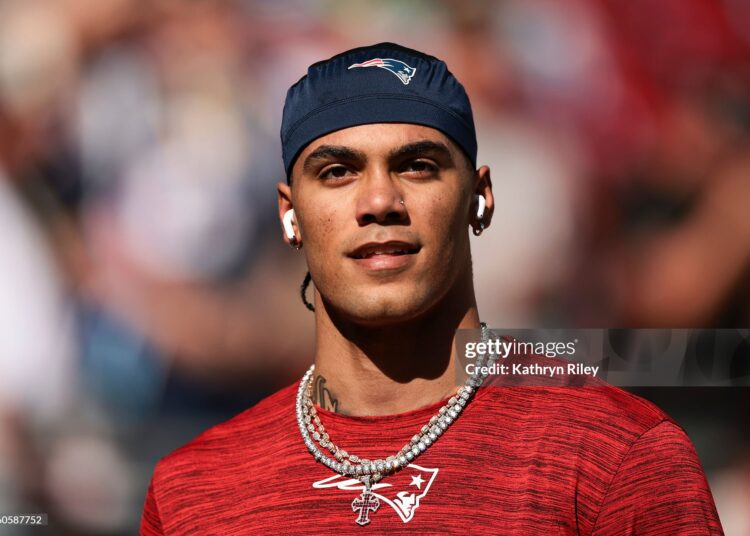 Christian Gonzalez #0 of the New England Patriots looks on prior to Super Bowl LX against the Seattle Seahawks (Photo by Kathryn Riley/Getty Images)