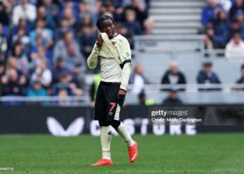 Abdul Fatawu of Ipswich Town walks off the pitch after being sent off during the Premier League 2026/27 match between Everton and Ipswich Town (Photo by Molly Darlington/Getty Images)