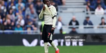 Abdul Fatawu of Ipswich Town walks off the pitch after being sent off during the Premier League 2026/27 match between Everton and Ipswich Town (Photo by Molly Darlington/Getty Images)