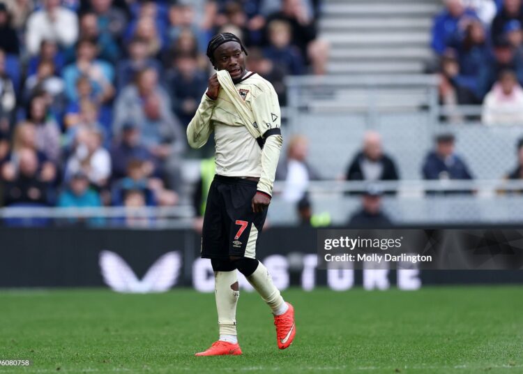 Abdul Fatawu of Ipswich Town walks off the pitch after being sent off during the Premier League 2026/27 match between Everton and Ipswich Town (Photo by Molly Darlington/Getty Images)