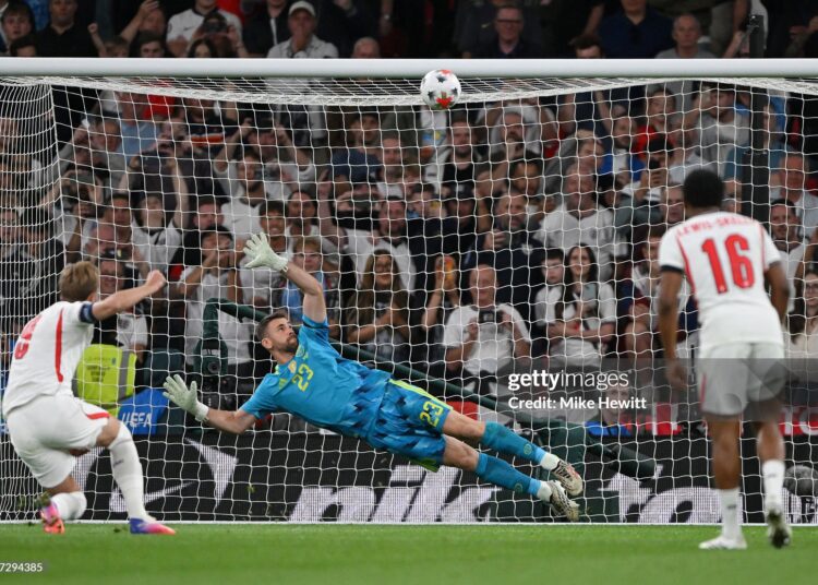 Harry Kane of England shoots and misses a penalty kick during the UEFA Nations League 2026/27 group phase match between England and Spain (Photo by Mike Hewitt/Getty Images)