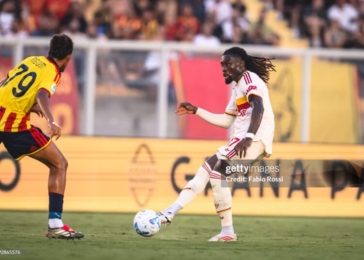 Manu Kone of AS Roma in action during the Serie A match between US Lecce and AS Roma (Photo by Fabio Rossi/AS Roma via Getty Images)