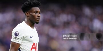 Mohammed Kudus of Tottenham Hotspur during the Premier League match between Tottenham Hotspur and Newcastle United (Photo by Harvey Murphy/News Images/NurPhoto via Getty Images)