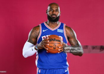 CAMDEN, NEW JERSEY - SEPTEMBER 28: LeBron James #23 of the Philadelphia 76ers poses for a portrait during media day at the Philadelphia 76ers Training Complex on September 28, 2026 in Camden, New Jersey. (Photo by Emilee Chinn/Getty Images)