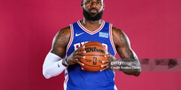 LeBron James #23 of the Philadelphia 76ers poses for a portrait during media day at the Philadelphia 76ers (Photo by Emilee Chinn/Getty Images)
