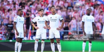 Jude Bellingham of Real Madrid reacts after Alex Grimaldo of Atletico Madrid (not pictured) scores his team’s first goal during the LaLiga EA Sports 2026/27 match between Atletico de Madrid and Real Madrid (Photo by Mateo Villalba Sanchez/Getty Images)