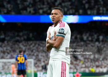 Kylian Mbappe of Real Madrid CF celebrates after scoring his team's first goal during the UEFA Champions League 2026/27 League Phase MD1 match between Real Madrid CF and FC Internazionale Milano (Photo By Dennis Agyeman/Europa Press via Getty Images)