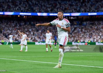 Kylian Mbappe of Real Madrid C.F. celebrates after scoring his team's first goal during the UEFA Champions League 2026/27 League Phase MD1 match between Real Madrid C.F. and Inter Milan (Photo by Mateo Villalba/Getty Images)