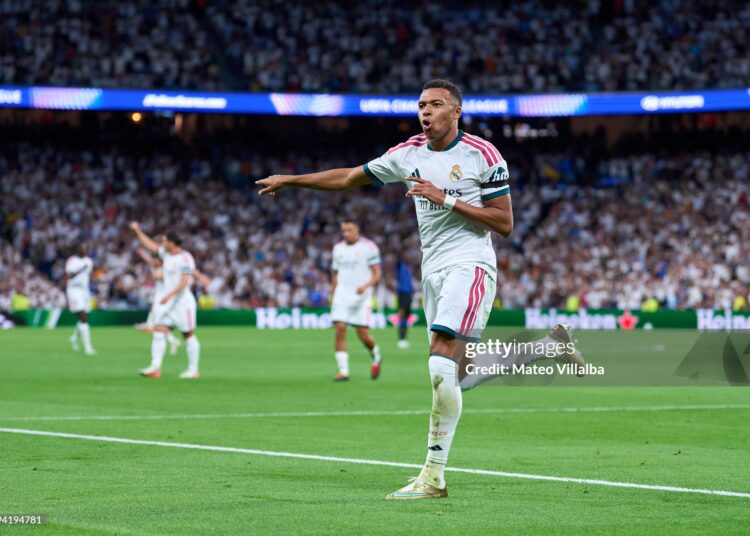 Kylian Mbappe of Real Madrid C.F. celebrates after scoring his team's first goal during the UEFA Champions League 2026/27 League Phase MD1 match between Real Madrid C.F. and Inter Milan (Photo by Mateo Villalba/Getty Images)