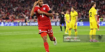 Jamal Musiala of FC Bayern Munich celebrates scoring his team’s first goal during the UEFA Champions League 2026/27 League Phase MD1 match between FC Bayern München and FK Bodo/Glimt (Photo by Alex Grimm/Getty Images)