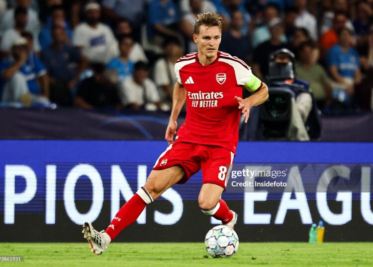 Martin Odegaard of Arsenal in action during the UEFA Champions League 2026/2027 football match between SSC Napoli and Arsenal FC. Arsenal won 1-0 over Napoli. (Photo by Cesare Purini/Insidefoto/LightRocket via Getty Images)