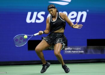 Naomi Osaka of Japan returns a shot against Anastasia Zakharova during their Women's Singles First Round match on Day Two of the 2026 US Open at USTA Billie Jean King National Tennis Center on August 31, 2026 (Photo by Patrick Smith/Getty Images)