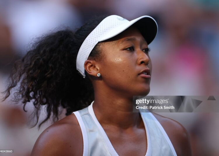 Naomi Osaka of Japan looks on against Elena Rybakina of Kazakhstan during their Women's Singles Fourth Round match on Day Nine of the 2026 US Open (Photo by Patrick Smith/Getty Images)