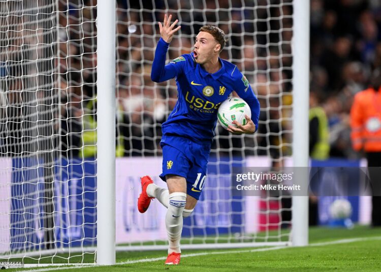 Cole Palmer of Chelsea celebrates scoring his team’s first goal from the penalty spot during the Carabao Cup Third Round match between Chelsea and Leeds United (Photo by Mike Hewitt/Getty Images)