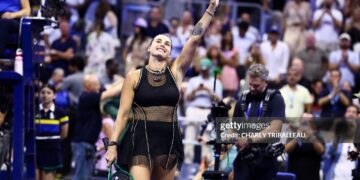 Belarus's Aryna Sabalenka celebrates winning the women's singles semi-final tennis match against USA's Jessica Pegula on day twelve of the US Open (Photo by CHARLY TRIBALLEAU / AFP via Getty Images)