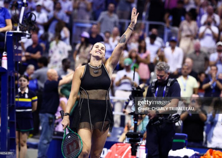 Belarus's Aryna Sabalenka celebrates winning the women's singles semi-final tennis match against USA's Jessica Pegula on day twelve of the US Open (Photo by CHARLY TRIBALLEAU / AFP via Getty Images)