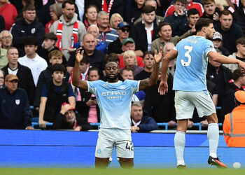 Manchester City's Ghanaian midfielder #42 Antoine Semenyo (C) celebrates scoring their third goal during the English Premier League football match between Manchester City and Sunderland at the Etihad Stadium in Manchester, north west England, on September 20, 2026. (Photo by PETER POWELL / AFP via Getty Images) / RESTRICTED TO EDITORIAL USE. No use with unauthorized audio, video, data, fixture lists, club/league logos or 'live' services. Online in-match use limited to 120 images. An additional 40 images may be used in extra time. No video emulation. Social media in-match use limited to 120 images. An additional 40 images may be used in extra time. No use in betting publications, games or single club/league/player publications. /