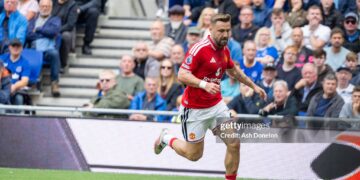 Luke Shaw of Manchester United in action during the Premier League 2026/27 match between Everton and Manchester United (Photo by Ash Donelon/Manchester United via Getty Images)